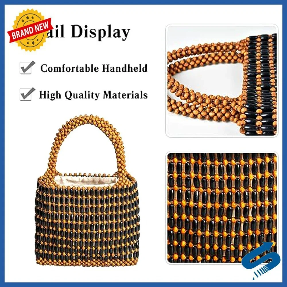Handwoven Wooden Bead Tote Bag Boho Mini Drawstring Clutch Beach Bag